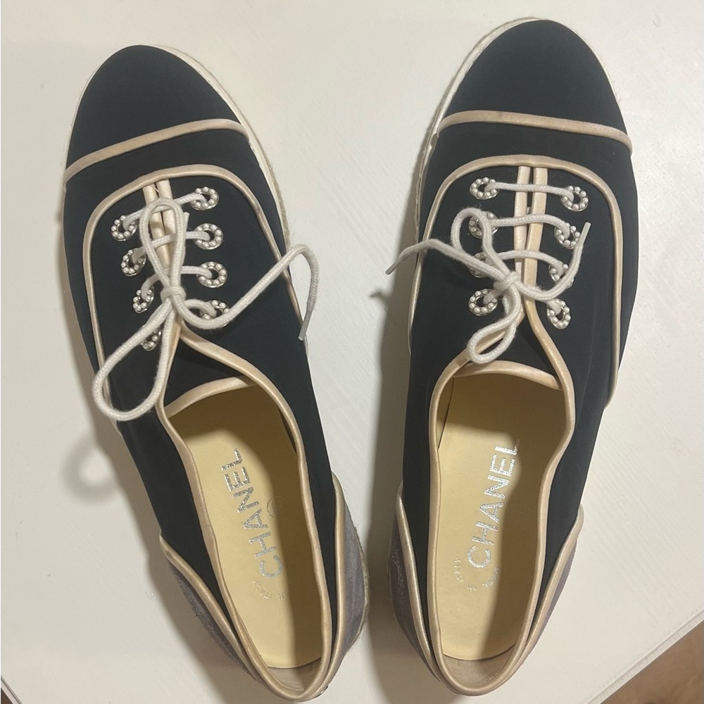 CHANEL Navy and White Lace-Up Espadrilles- 41